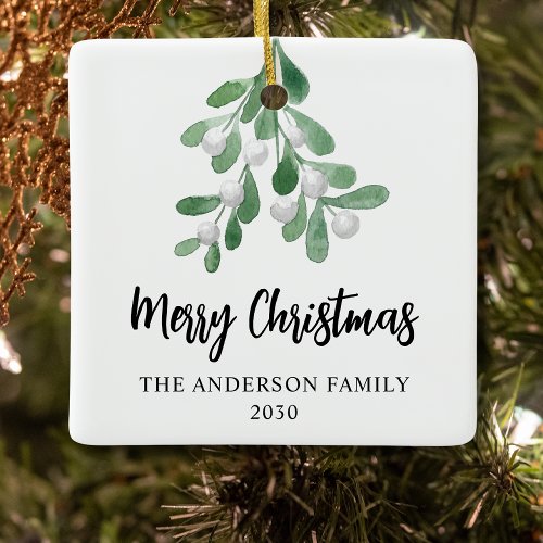 Merry Christmas  Family Name Elegant Botanical Ceramic Ornament