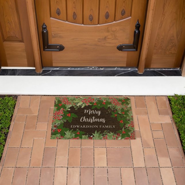 Merry Christmas family name holly berries Fiber Doormat (Insitu (Outdoor))