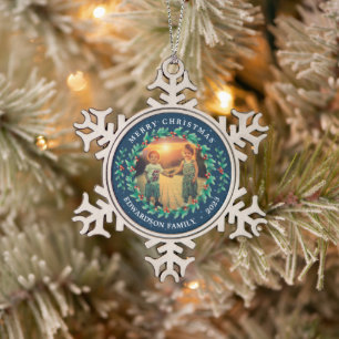 Merry Christmas family name holly berries photo Snowflake Pewter Christmas Ornament