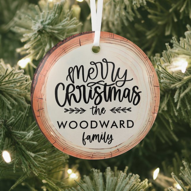 Merry Christmas Family Name Keepsake Tree Glass Ornament (Insitu)