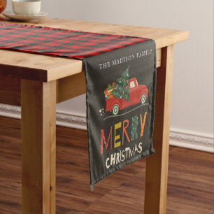 Merry Christmas Family Name Lumberjack Plaid Short Table Runner