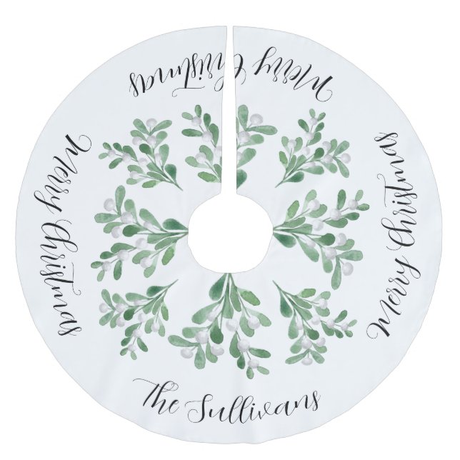 Merry Christmas Family Name Mistletoe  Brushed Polyester Tree Skirt (Front)