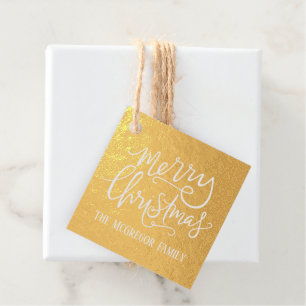 Merry Christmas Family Name Modern Gold Foil Favor Tags