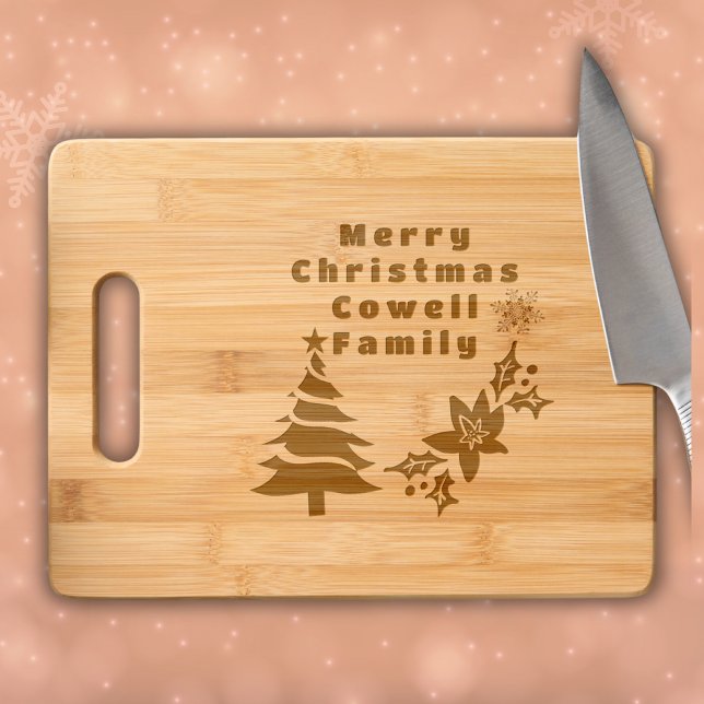 Merry Christmas Family Name Monogram etched Engraved Cutting Board (Creator Uploaded)