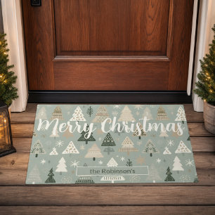 Merry Christmas Family Name Nordic Trees Doormat