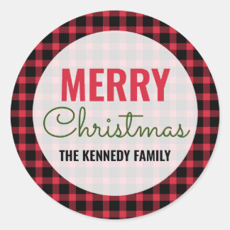 Merry Christmas Family Name Red Buffalo Plaid Classic Round Sticker