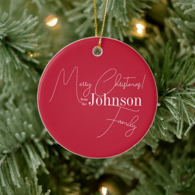 Merry Christmas Family Name Red Ceramic Ornament (Tree)