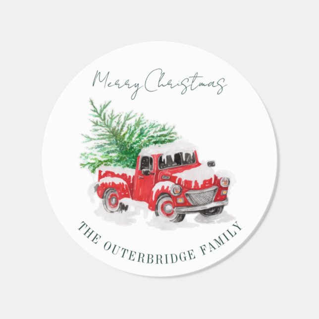 Merry Christmas Family Name Red Truck Custom Classic Round Sticker (Single)
