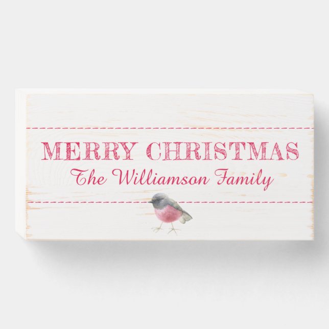 Merry Christmas Family Name Red White Wooden Box Sign (Front Horizontal)