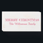 Merry Christmas Family Name Red White Wooden Box Sign<br><div class="desc">Festive Holiday wooden box sign with the text 'Merry Christmas' and your family name in red modern typography and chic script calligraphy. Exclusively designed for you by Happy Dolphin Studio. If you need any help or matching products,  please contact us at happydolphinstudio@outlook.com.</div>