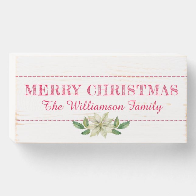 Merry Christmas Family Name Red White Wooden Box Sign (Front Horizontal)