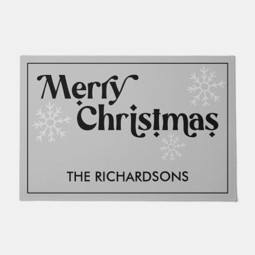 Merry Christmas Family Name Snowflakes Grey Doormat