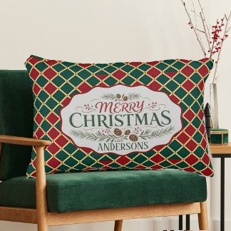 Merry Christmas Family Name Tartan Plaid Vintage Accent Pillow