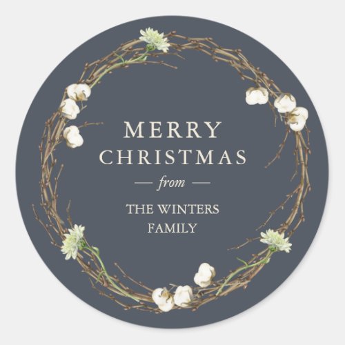 Merry Christmas Family Name Winter Greenery  Class Classic Round Sticker
