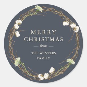 Merry Christmas Family Name Winter Greenery Class Classic Round Sticker