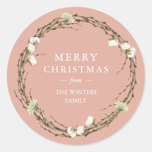 Merry Christmas Family Name Winter Greenery Classic Round Sticker