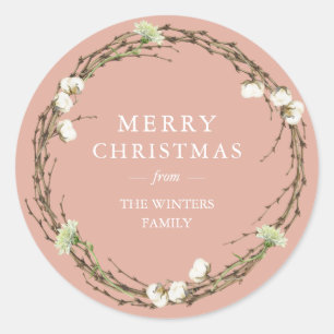Merry Christmas Family Name Winter Greenery Classic Round Sticker