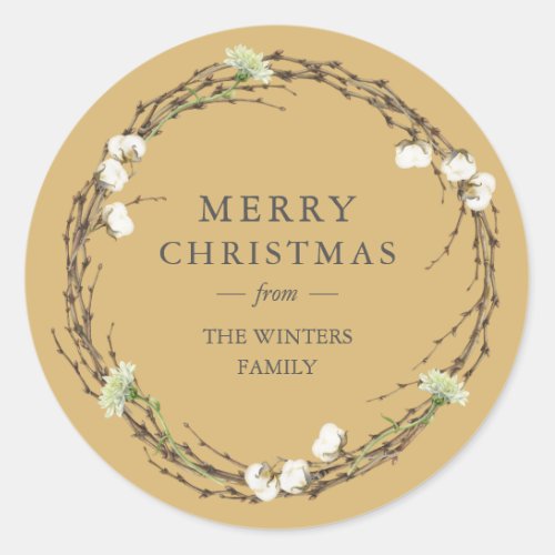 Merry Christmas Family Name Winter Greenery Classic Round Sticker