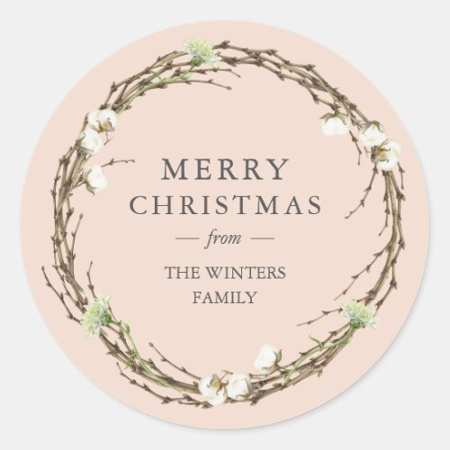Merry Christmas Family Name Winter Greenery Classic Round Sticker