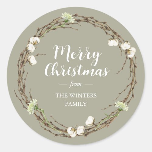 Merry Christmas Family Name Winter Greenery Classic Round Sticker