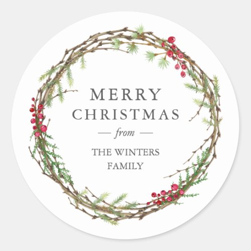 Merry Christmas Family Name Winter Greenery  Classic Round Sticker