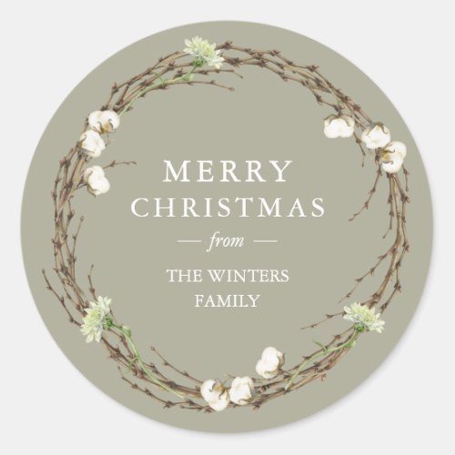 Merry Christmas Family Name Winter Greenery  Classic Round Sticker