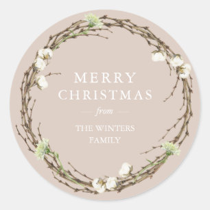 Merry Christmas Family Name Winter Greenery Classic Round Sticker