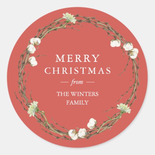 Merry Christmas Family Name Winter Greenery Red Classic Round Sticker
