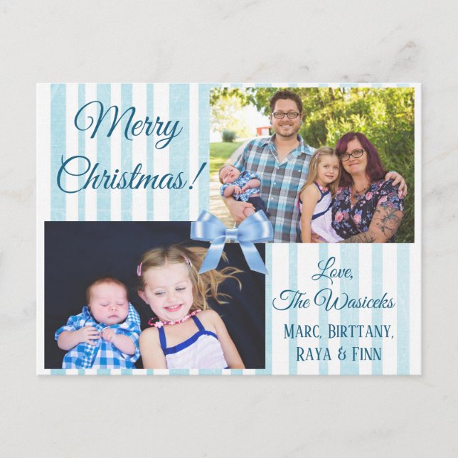 Merry Christmas  Family Photo Blue Bow Postcard (Front)