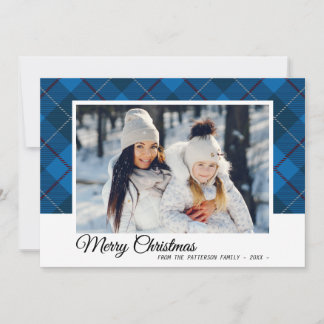 Merry Christmas Family Photo Blue Tartan Style Card