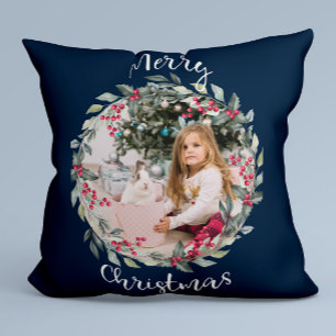 Merry Christmas family photo Blue Throw Pillow