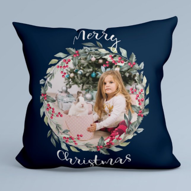Merry Christmas family photo Blue Throw Pillow (Creator Uploaded)