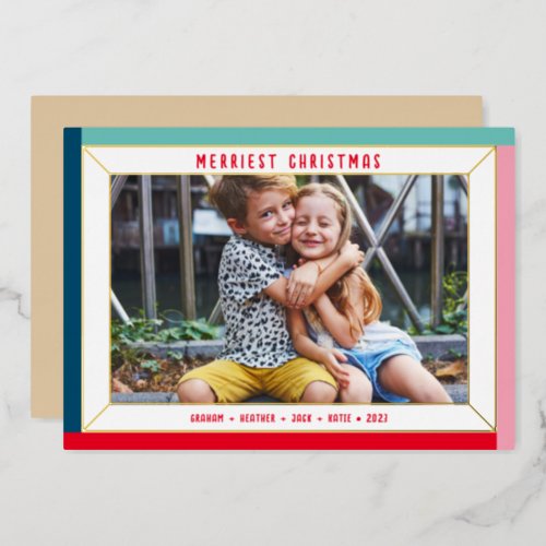 MERRY CHRISTMAS family photo bold color border Foil Holiday Card