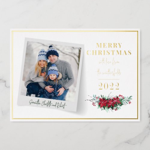 Merry Christmas Family Photo Botanical Gold Foil Holiday Card