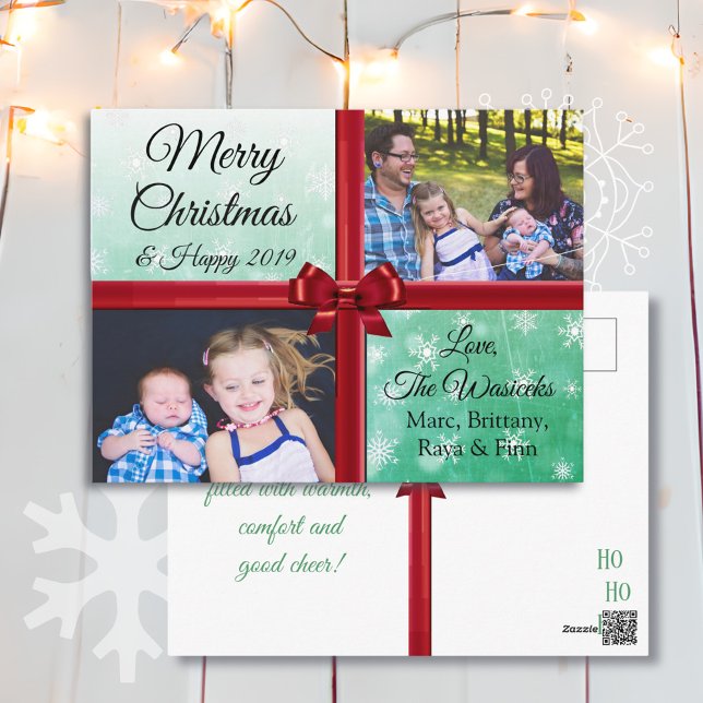 Merry Christmas Family Photo Burgundy Bow Holiday Postcard (Creator Uploaded)