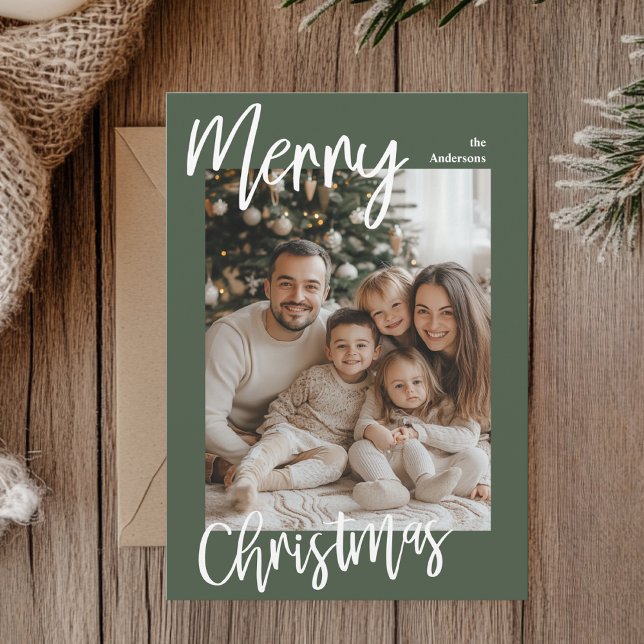 Merry Christmas Family Photo Card | Green Frame  (Creator Uploaded)