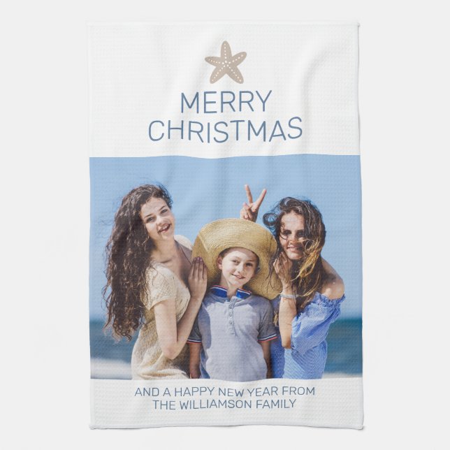 Merry Christmas Family Photo Coastal Kitchen Towel (Vertical)