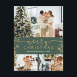 Merry Christmas Family Photo Collag Modern Holiday Postcard<br><div class="desc">Merry Christmas postcards with return address featuring multi photo collage (4 / four pictures), faux gold foil handwritten calligraphy and bokeh border, against green background. Easily customize with your favorite images, colors and text. NOTE: to adjust the subject of the photos (bottom ones), enter the design tool, select the photo...</div>