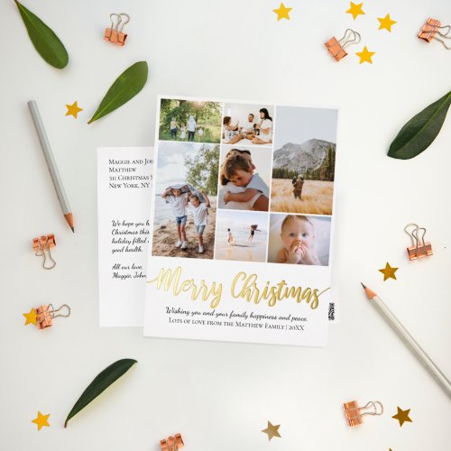 Merry Christmas Family Photo Collage Foil Holiday Postcard