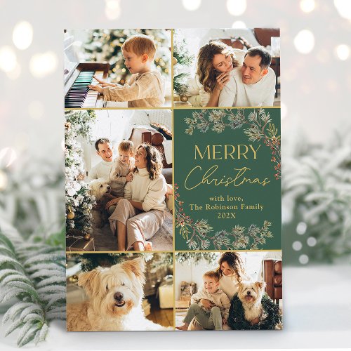 Merry Christmas Family Photo Collage Green  Holiday Card