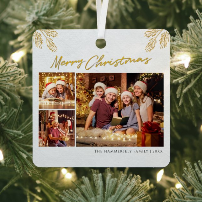 Merry Christmas Family Photo Collage Holiday Metal Ornament (Insitu)