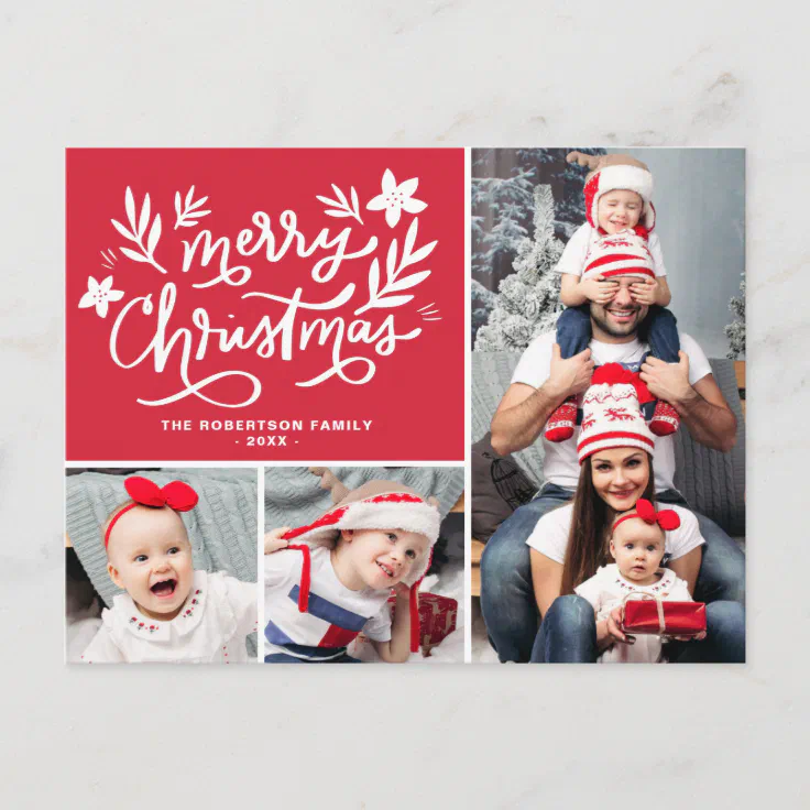 merry christmas family photo collage holiday postcard | Zazzle