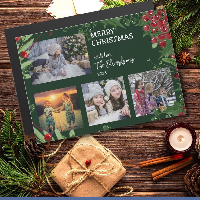 Merry Christmas family photo collage magnetic card (Merry Christmas family photo collage magnetic card. Beautiful rustic unique Christmas card.)