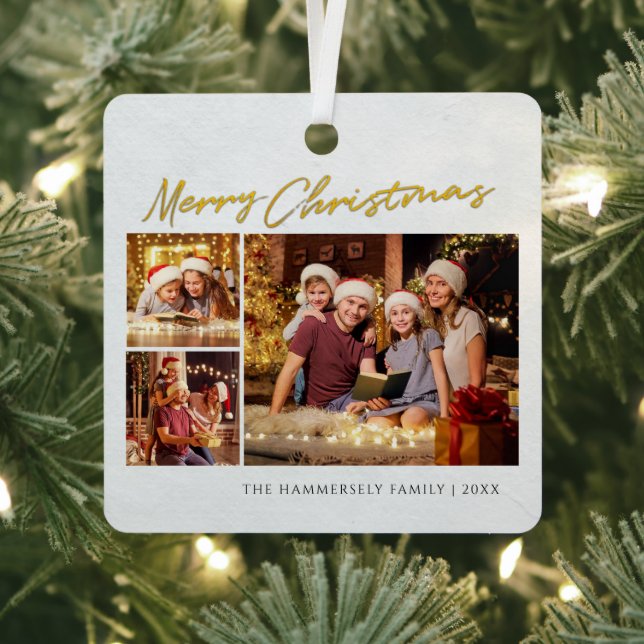 Merry Christmas Family Photo Collage Metal Ornament (Insitu)