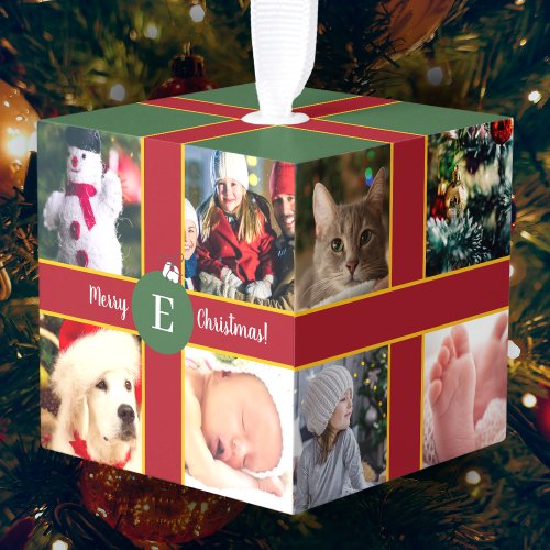 Merry Christmas Family Photo Collage Monogram Cube Ornament