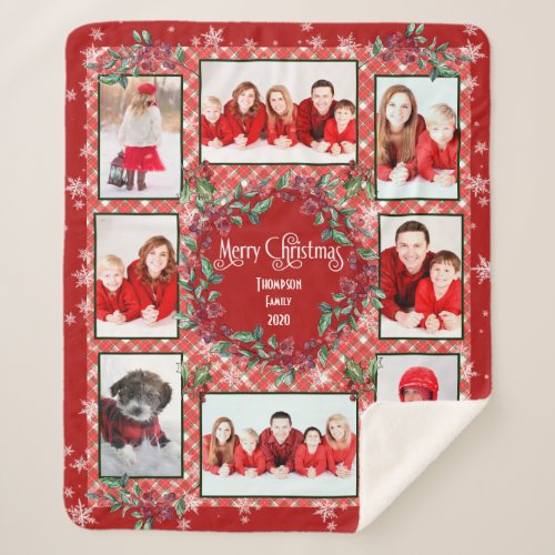 Merry Christmas Family Photo Collage Name Sherpa Blanket
