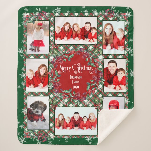 Merry Christmas Family Photo Collage Name Sherpa Blanket (Front)