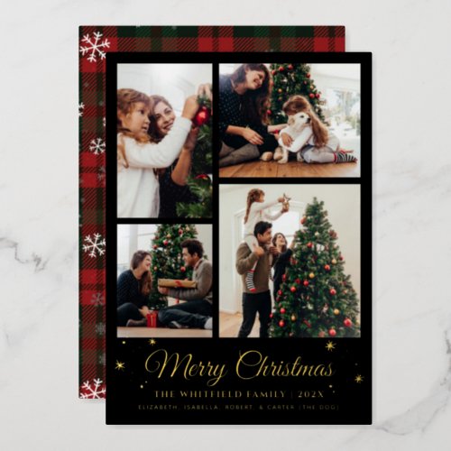 Merry Christmas Family Photo Collage Plaid Gold Foil Holiday Card