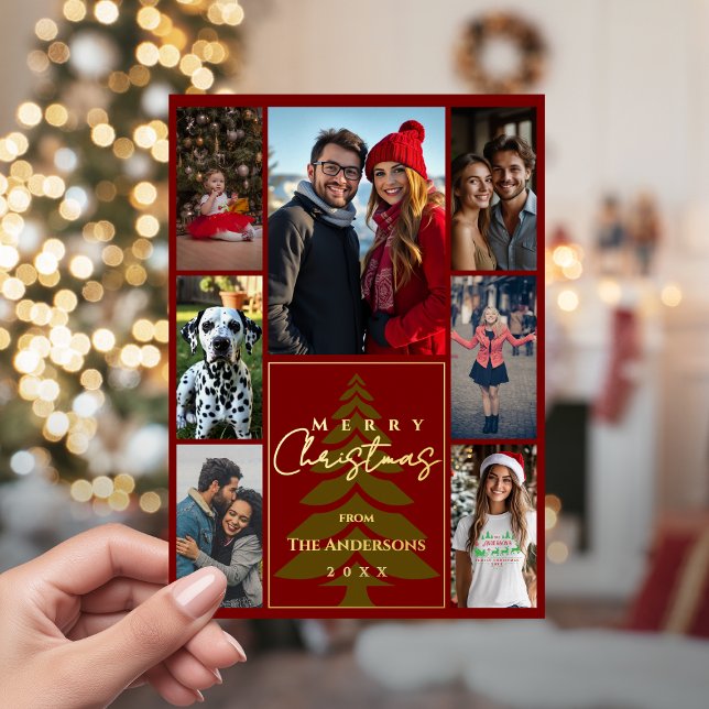 Merry Christmas Family Photo Collage Red and Gold  Foil Holiday Card (Merry Christmas Family Photo Collage Red and Gold Foil Holiday Card)