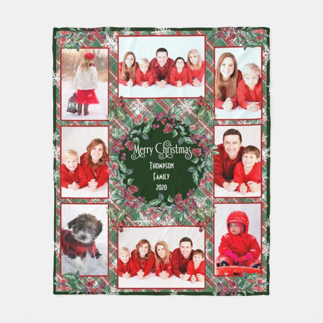 Merry Christmas Family Photo Collage Template  Fleece Blanket (Front)